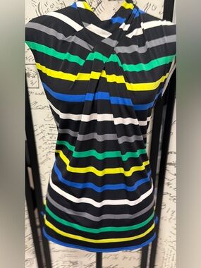 Striped Black Dress with Green, Yellow & Blue Accents